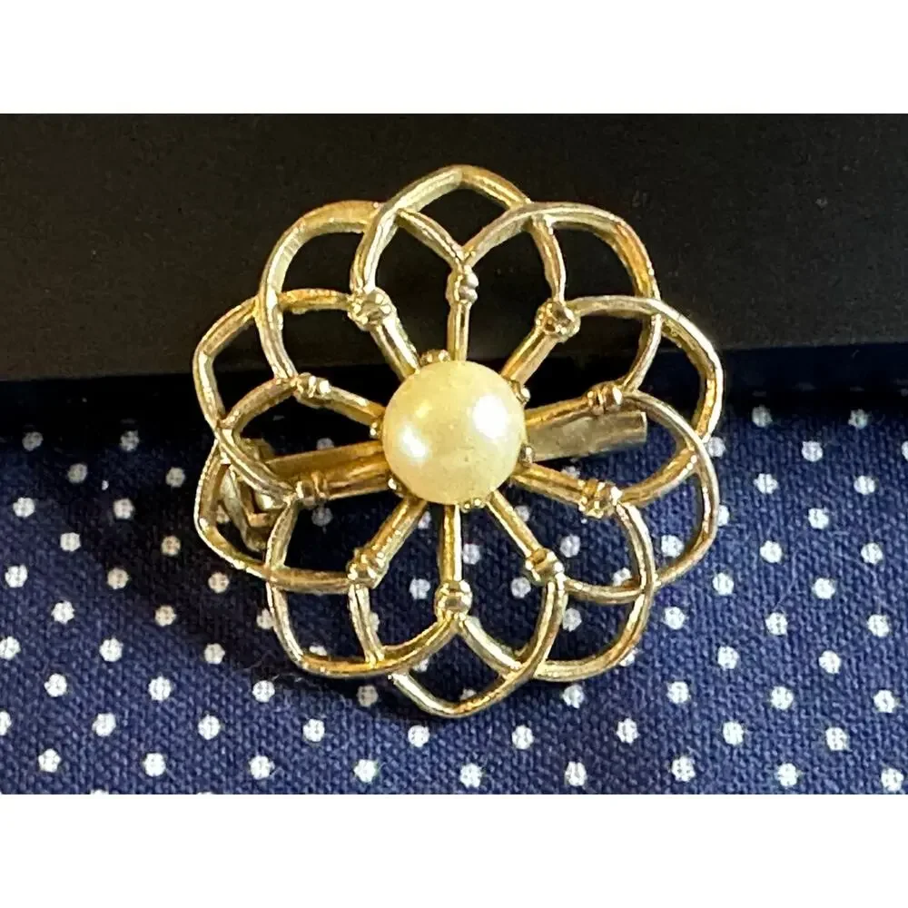 Gold-Tone Floral Pin With Single Pearl Center Vintage Openwork Design Estate